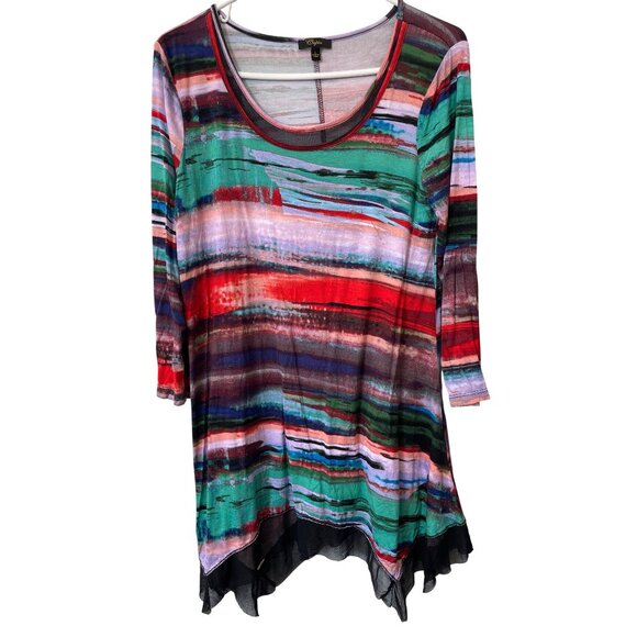 Cupio Tunic Top Size Large Scoop Neck Multi Striped Mesh Trim Handkerchief Hem - Picture 1 of 6